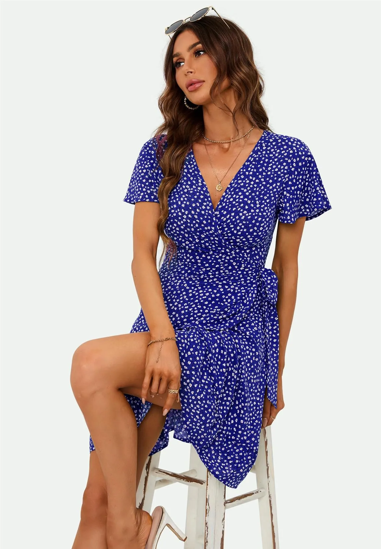 Floral Print Mini Wrap Dress In Blue