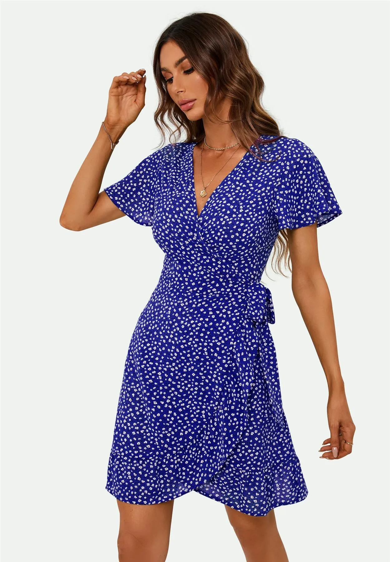 Floral Print Mini Wrap Dress In Blue