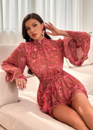 Floral Print Mock Neck Belted Romper