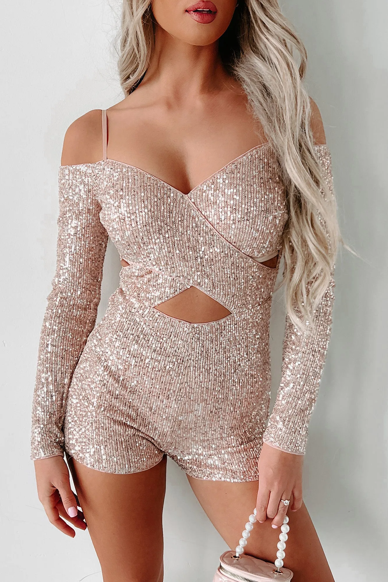 Forever Bold Sequin Cut-Out Romper (Rose Gold/Silver)