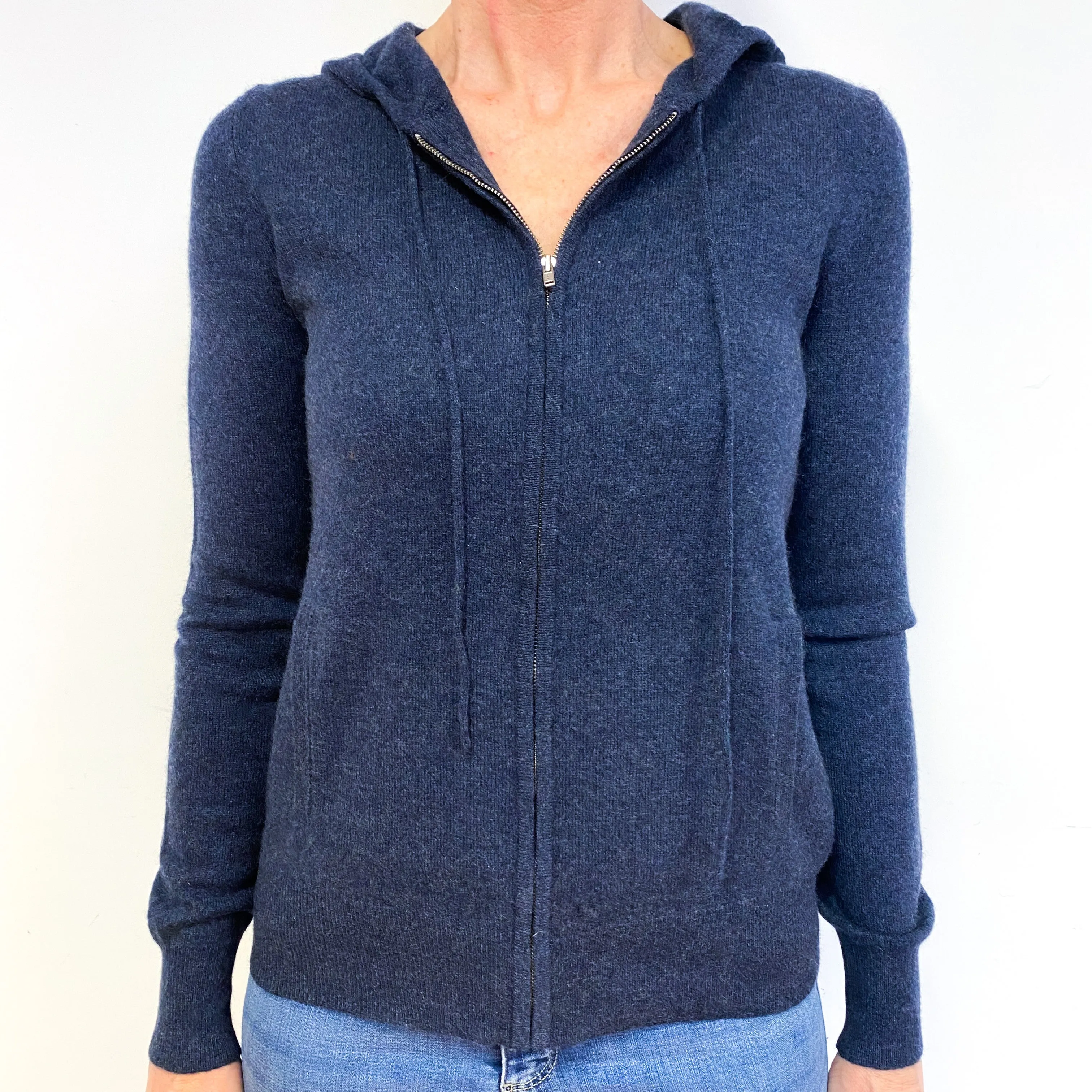 French Navy Blue Cashmere Zip Front Hoodie Medium