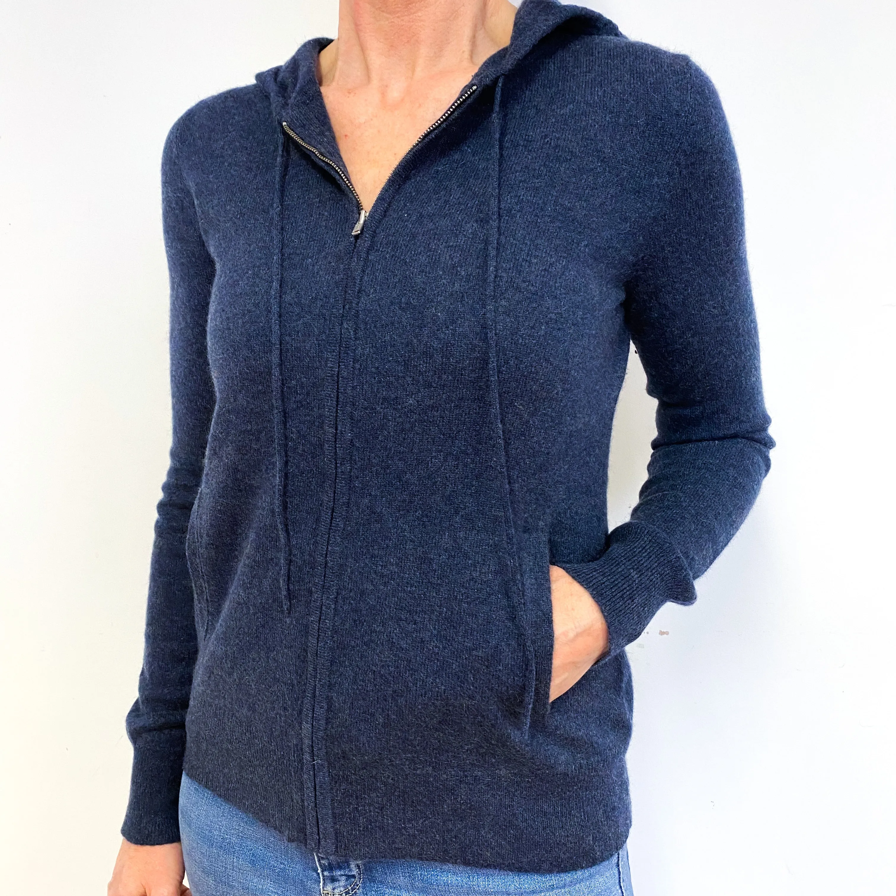 French Navy Blue Cashmere Zip Front Hoodie Medium