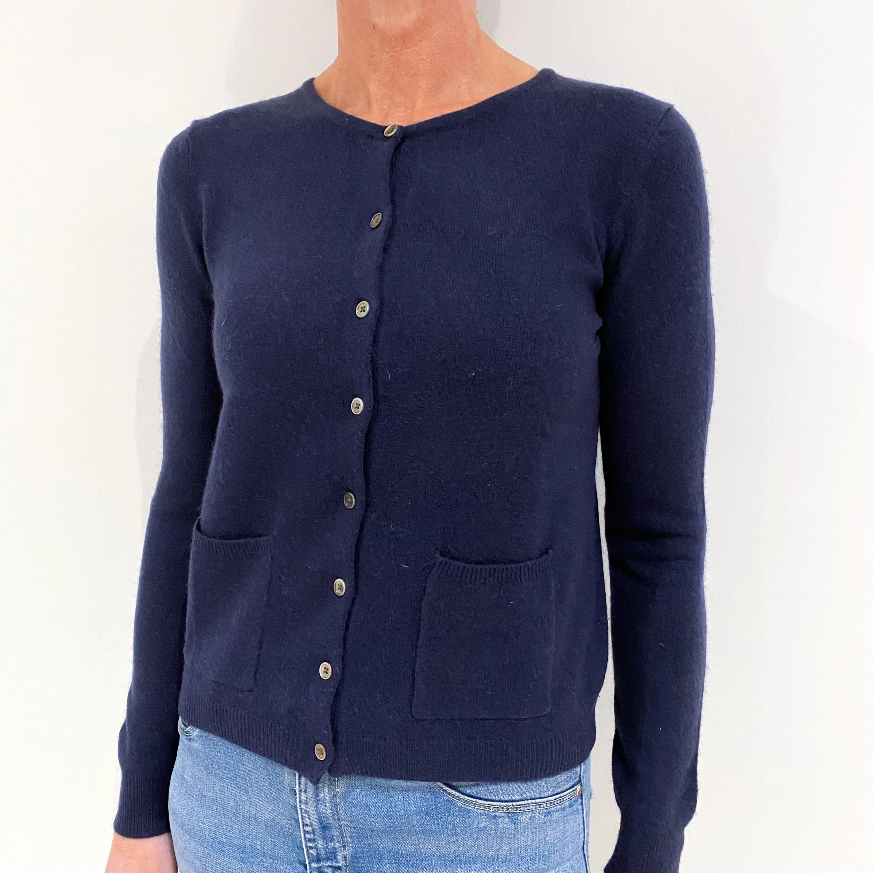 French Navy Cashmere Crew Neck Cardigan Small