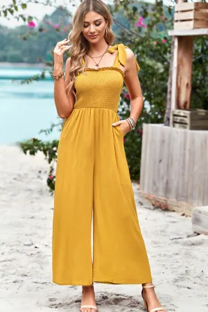 Frill Trim Tie Shoulder Wide Leg Jumpsuit with Pockets