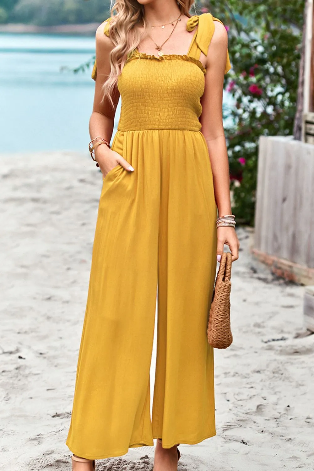 Frill Trim Tie Shoulder Wide Leg Jumpsuit with Pockets