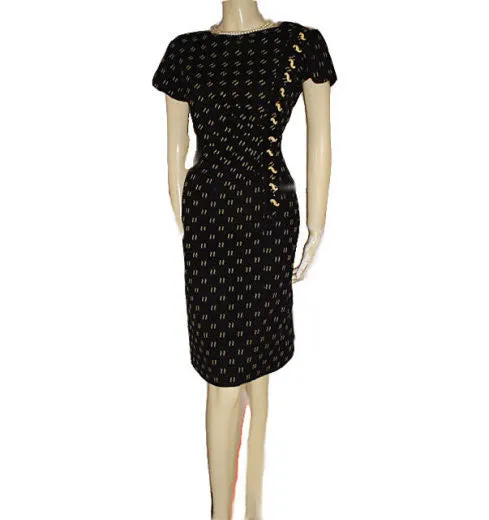 *FROM MY OWN PERSONAL COLLECTION - FABULOUS VINTAGE BLACK & BEIGE RUCHED RHINESTONE EVENING COCKTAIL DRESS WITH METAL ZIPPER