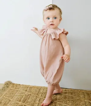 Girl's Organic-cotton Muslin Romper - Peach Pink