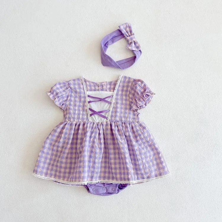 Girls' Short Sleeve Plaid Lace Romper with Skirt