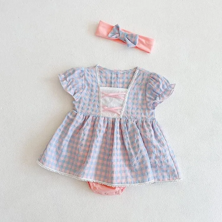 Girls' Short Sleeve Plaid Lace Romper with Skirt