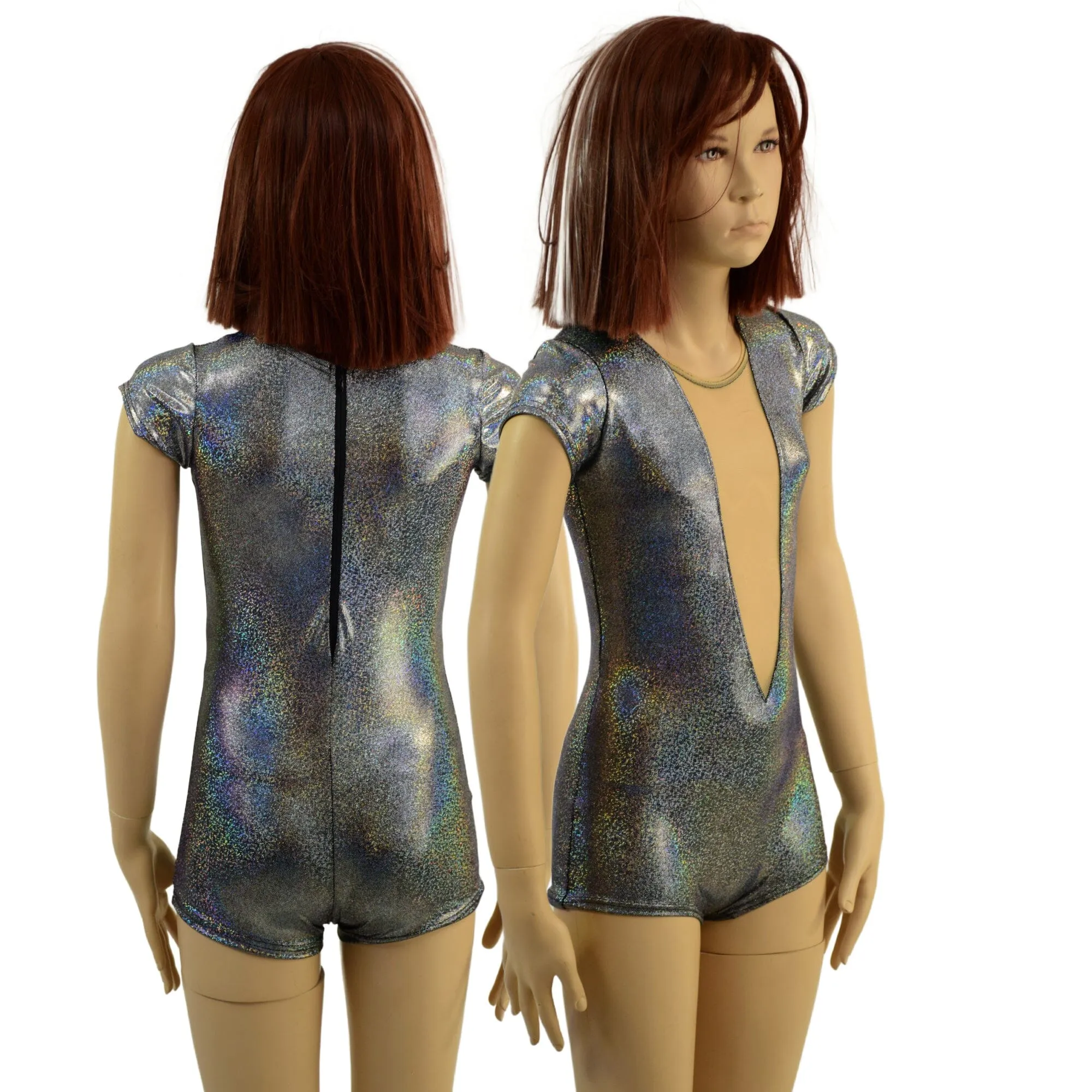 Girls Silver Holographic Romper with Plunging Mesh Inset Neckline