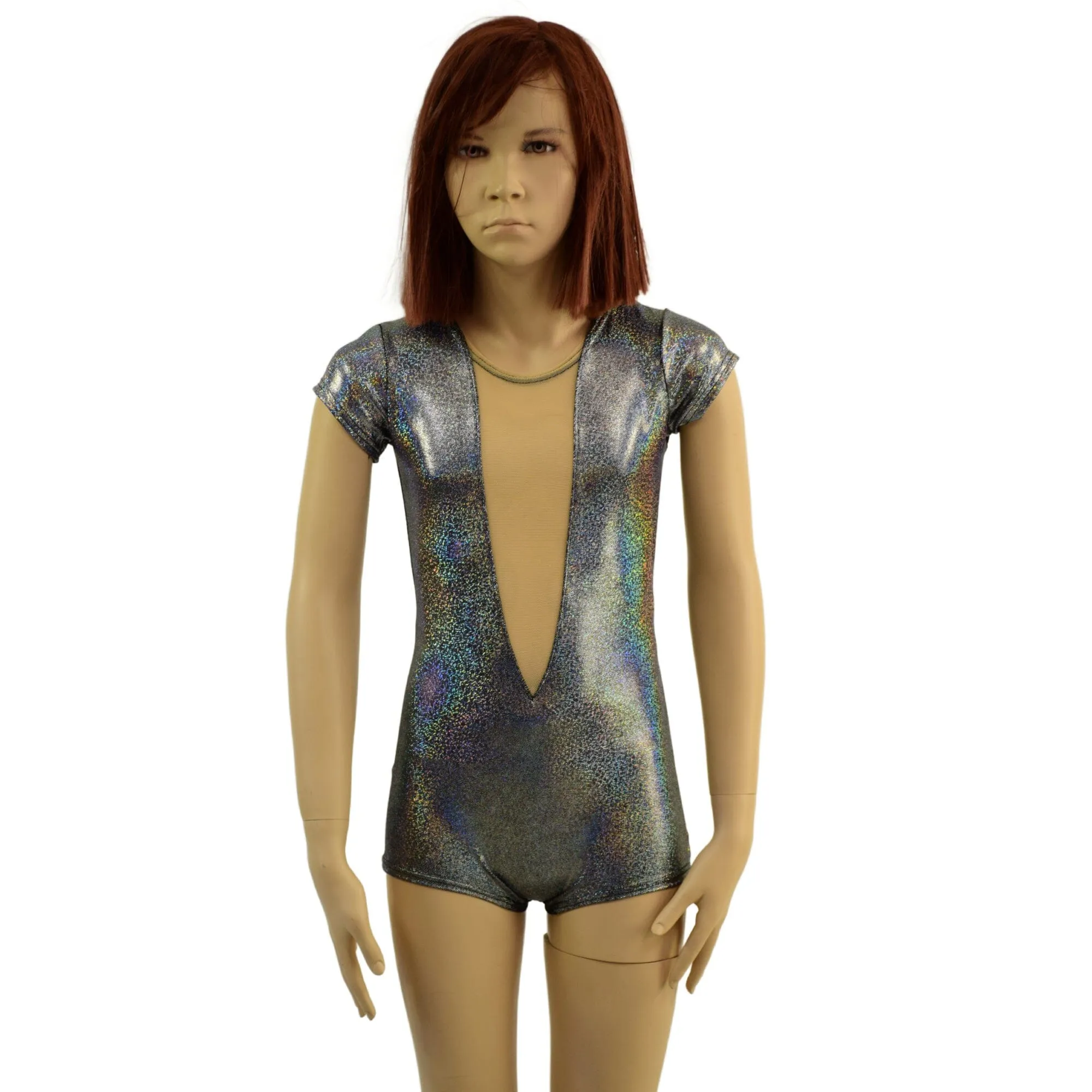 Girls Silver Holographic Romper with Plunging Mesh Inset Neckline