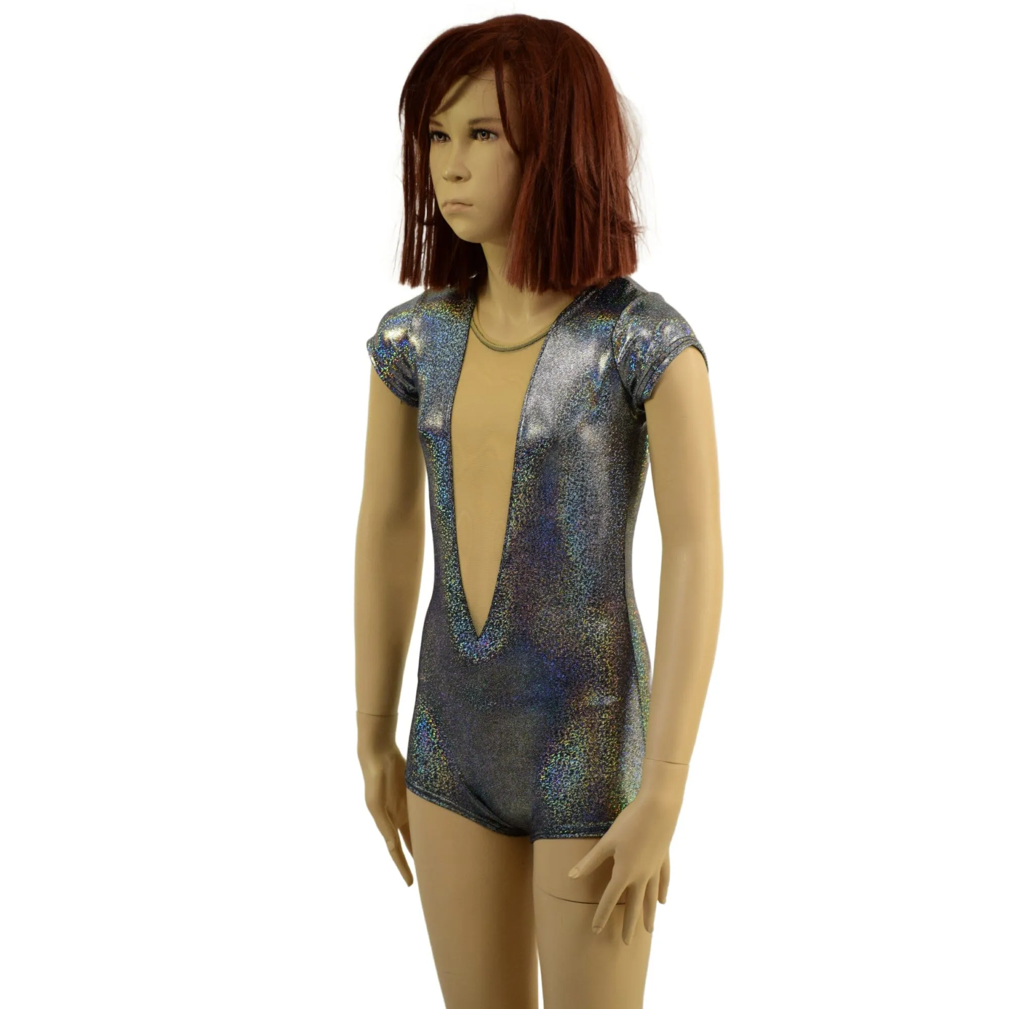 Girls Silver Holographic Romper with Plunging Mesh Inset Neckline