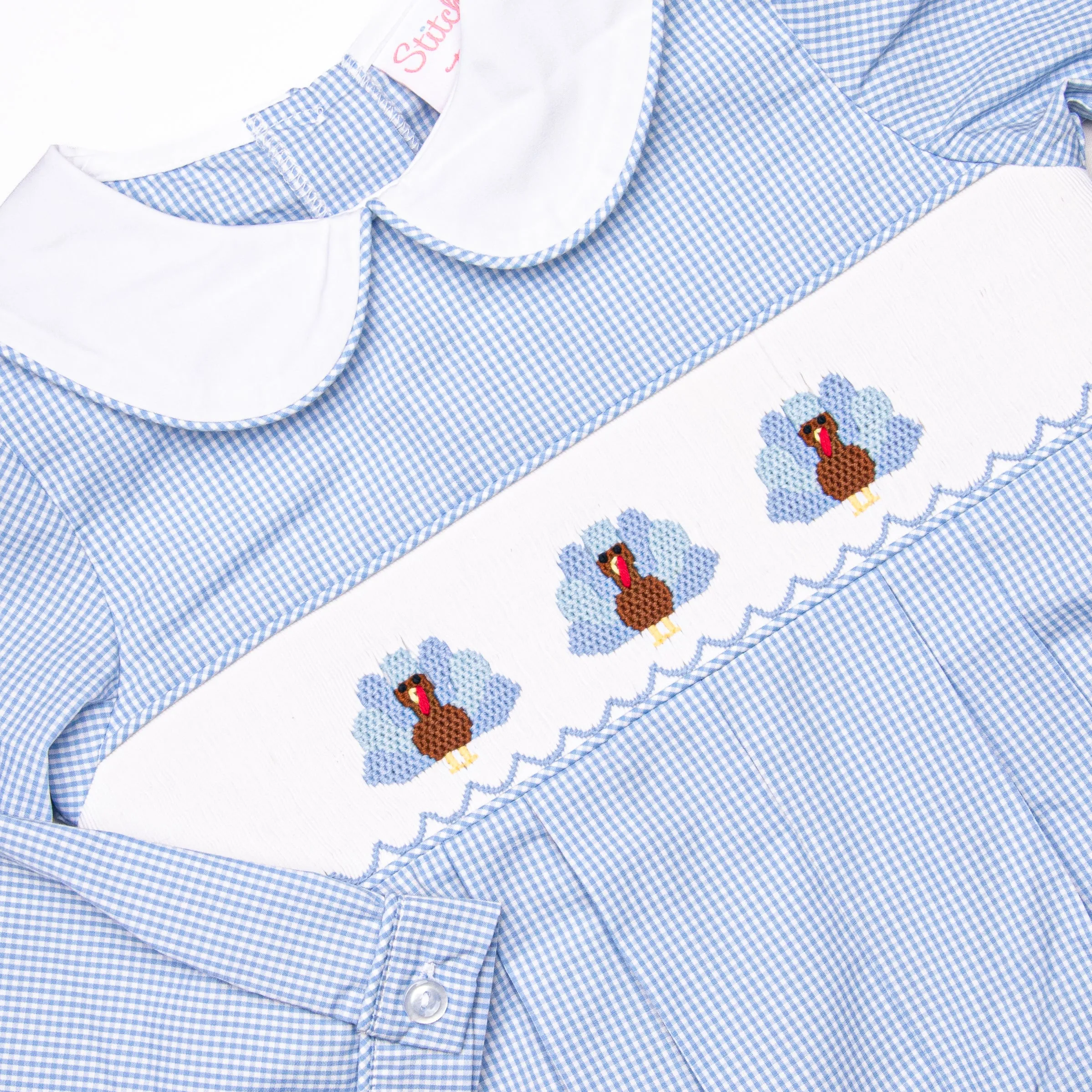 Gobble Gobble Smocked Boy Romper, Blue