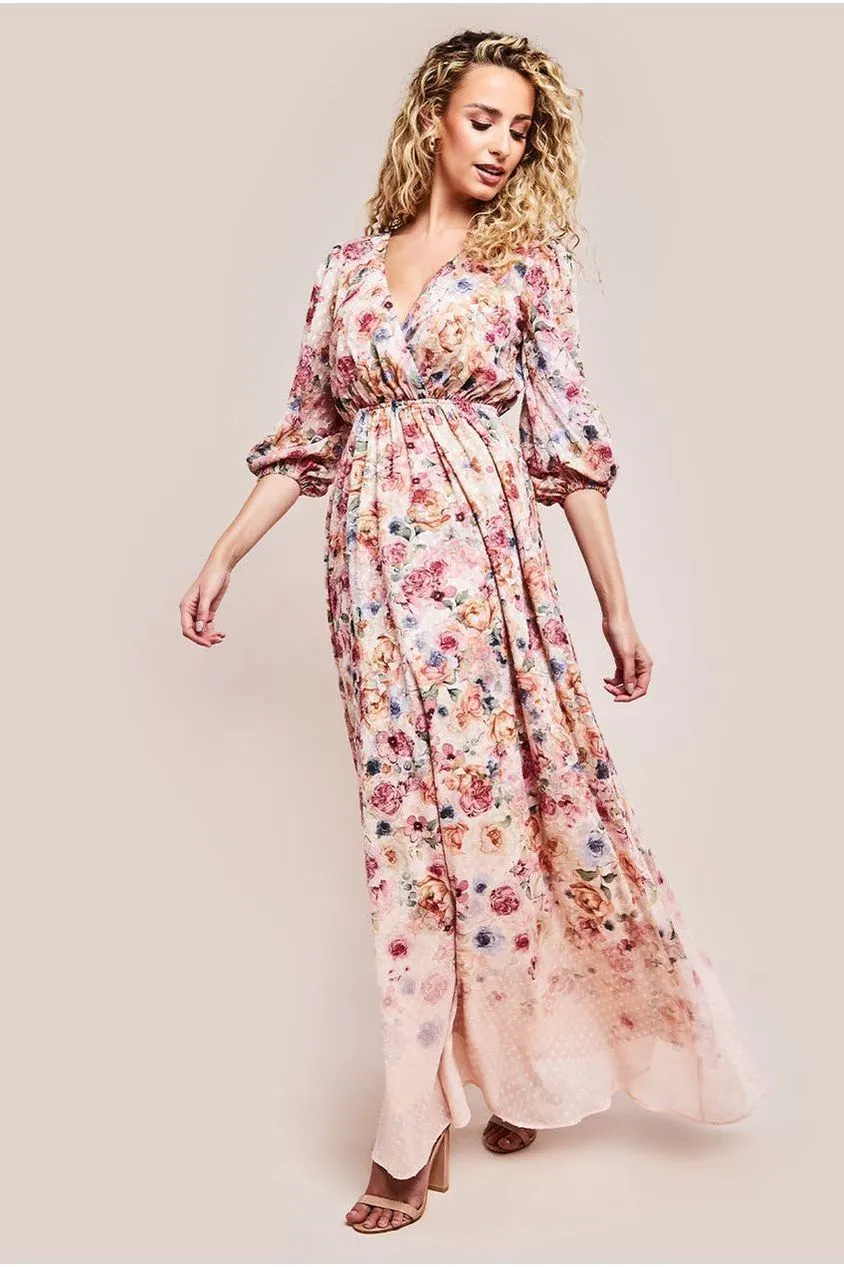 Goddiva Ombre Floral Printed Wrap Maxi Dress - Ivory