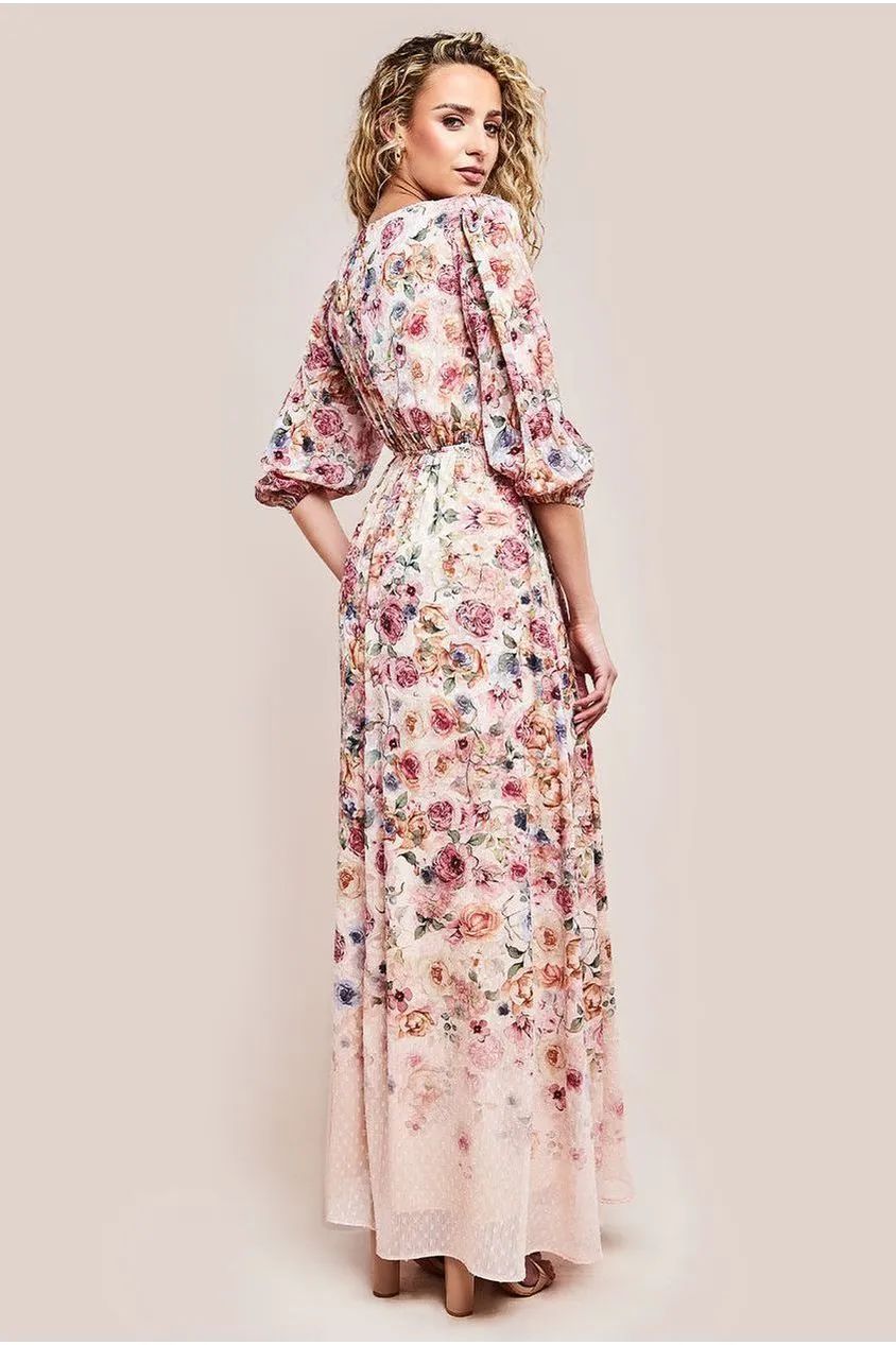 Goddiva Ombre Floral Printed Wrap Maxi Dress - Ivory