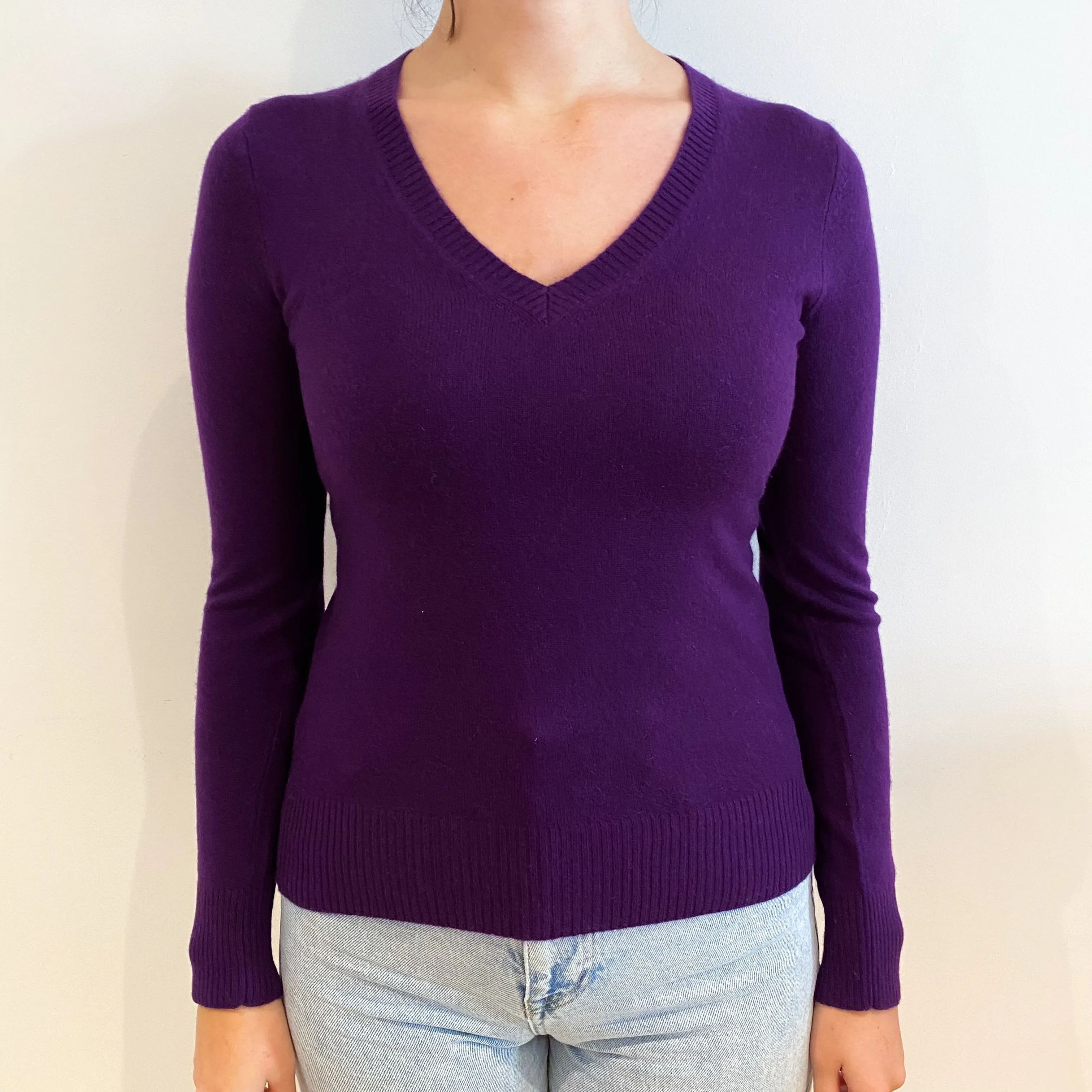 Grape Purple Cashmere V-Neck Jumper Small