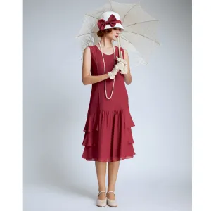 Great Gatsby chiffon dress in maroon red with tiered skirt