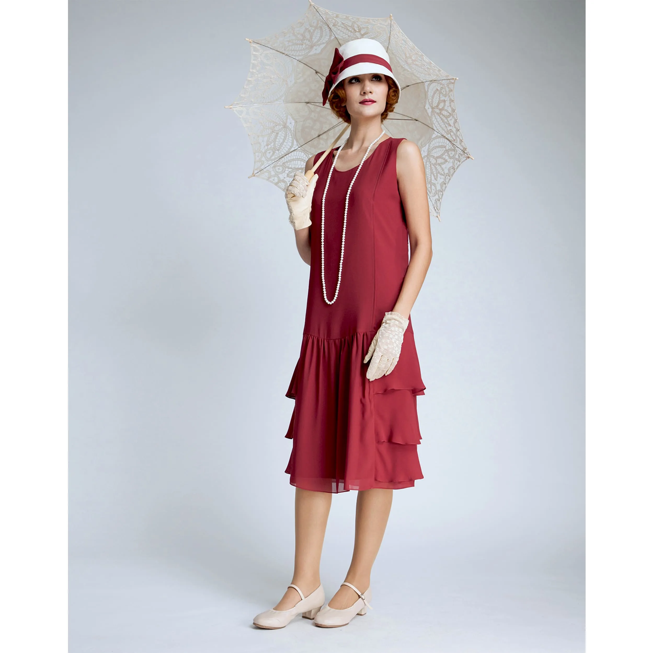 Great Gatsby chiffon dress in maroon red with tiered skirt