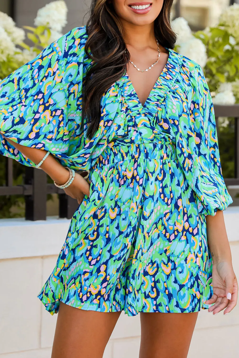 Green Abstract Print Batwing Sleeve V Neck High Waist Romper