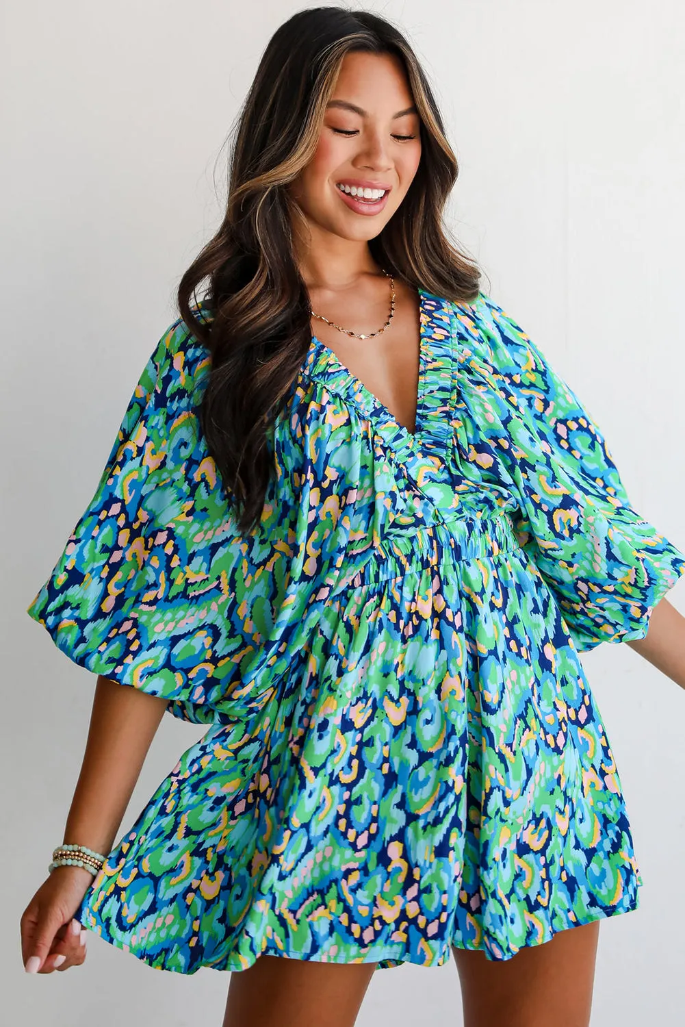 Green Abstract Print Batwing Sleeve V Neck High Waist Romper