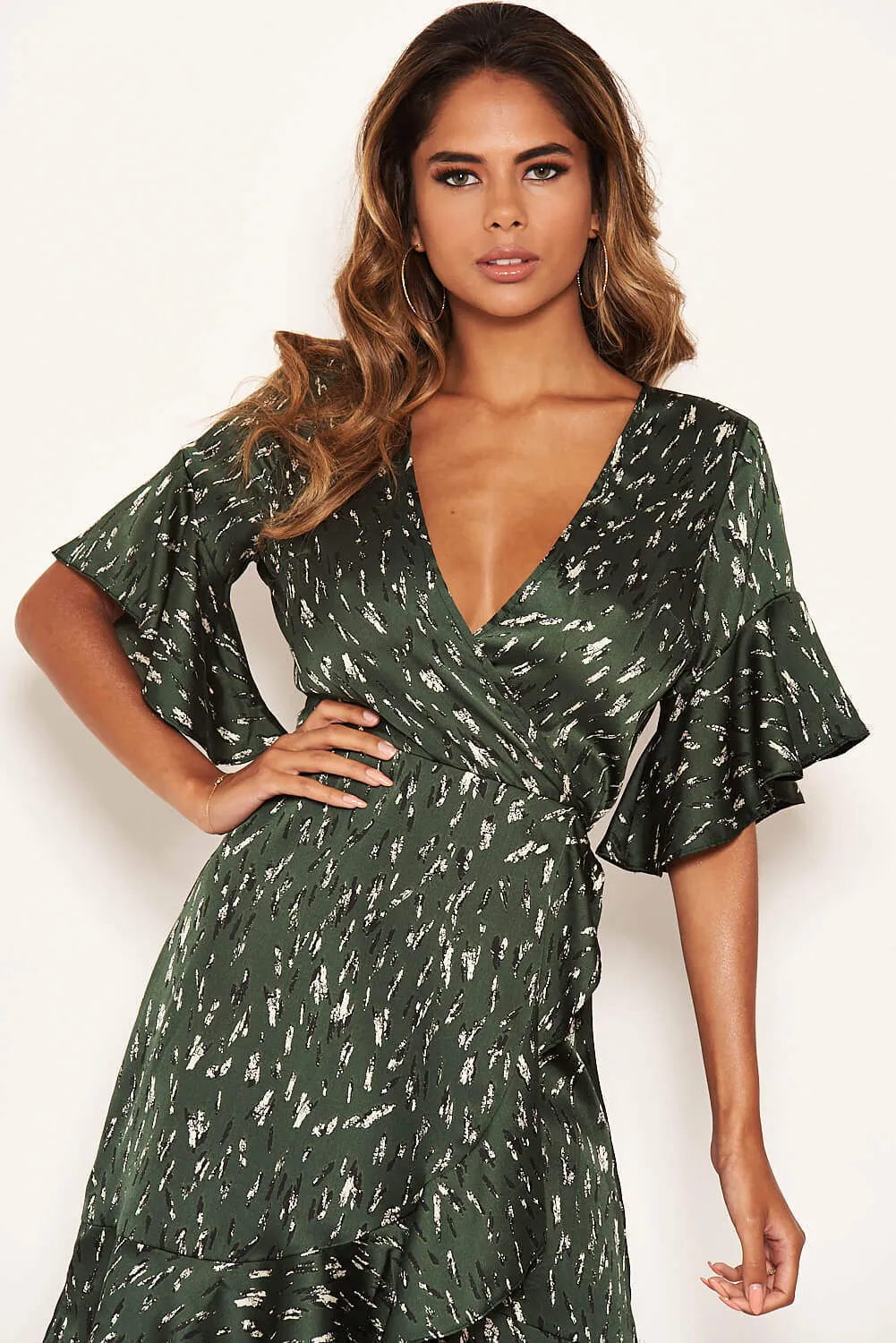 Green Printed Full Wrap Mini Dress