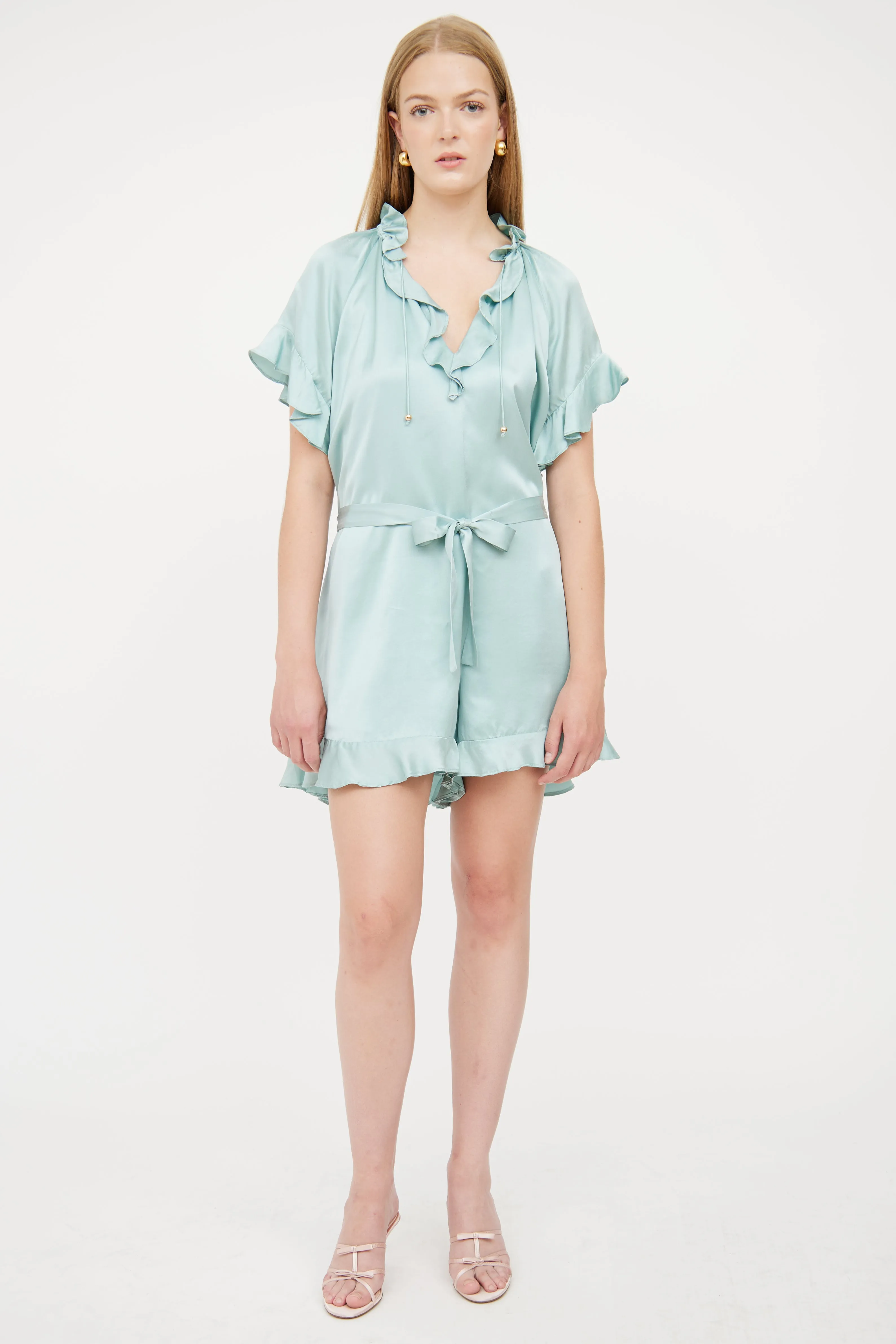 Green Silk Ruffle Romper