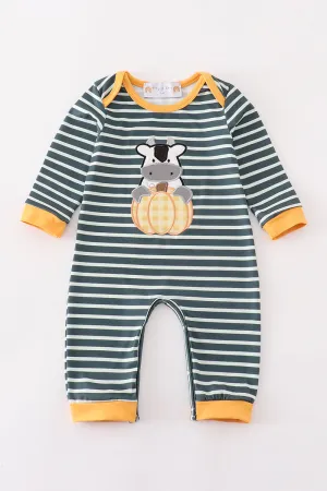 Green stripe cow pumpkin applique boy romper