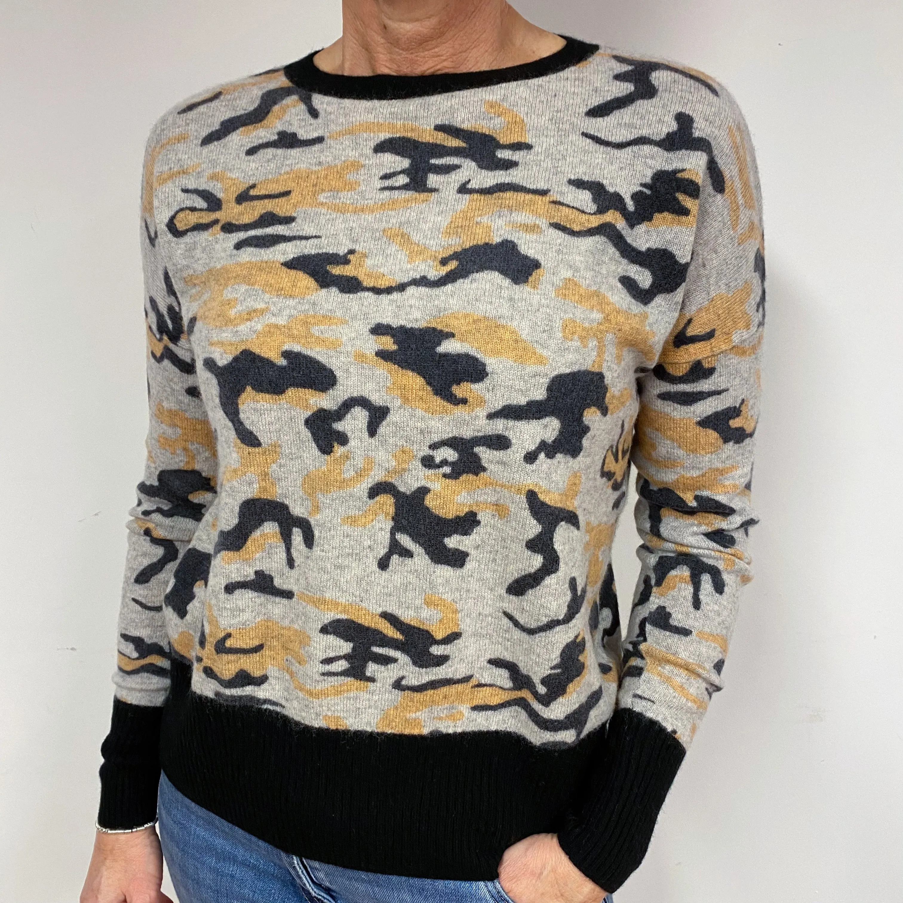 Grey and Apricot Camouflage Cashmere Crew Neck Jumper Medium