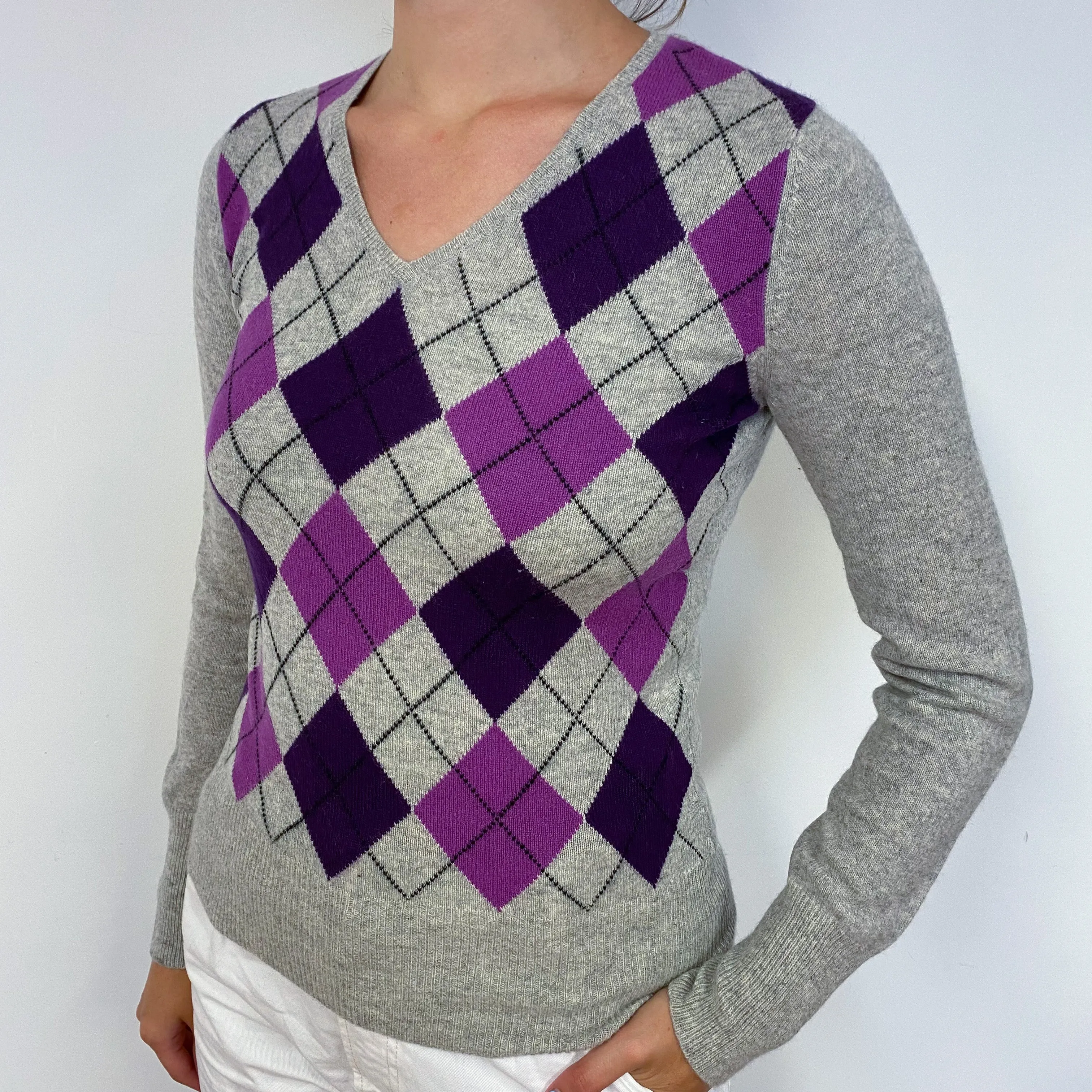 Grey and Purple Diamond V Neck Cashmere Jumper Small