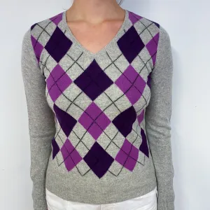 Grey and Purple Diamond V Neck Cashmere Jumper Small