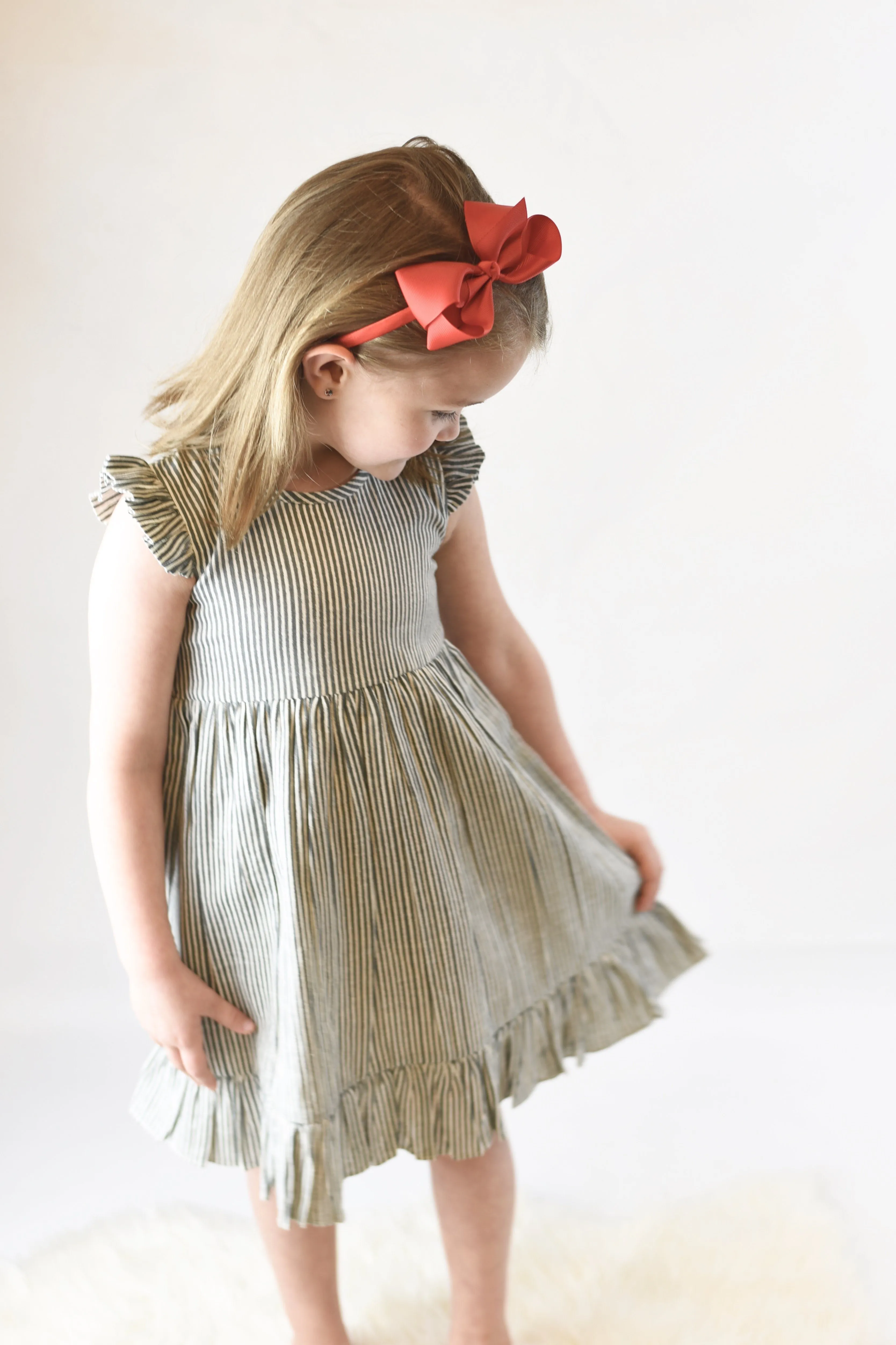 Grey Pin Stripe Ruffle-Sleeve Dress