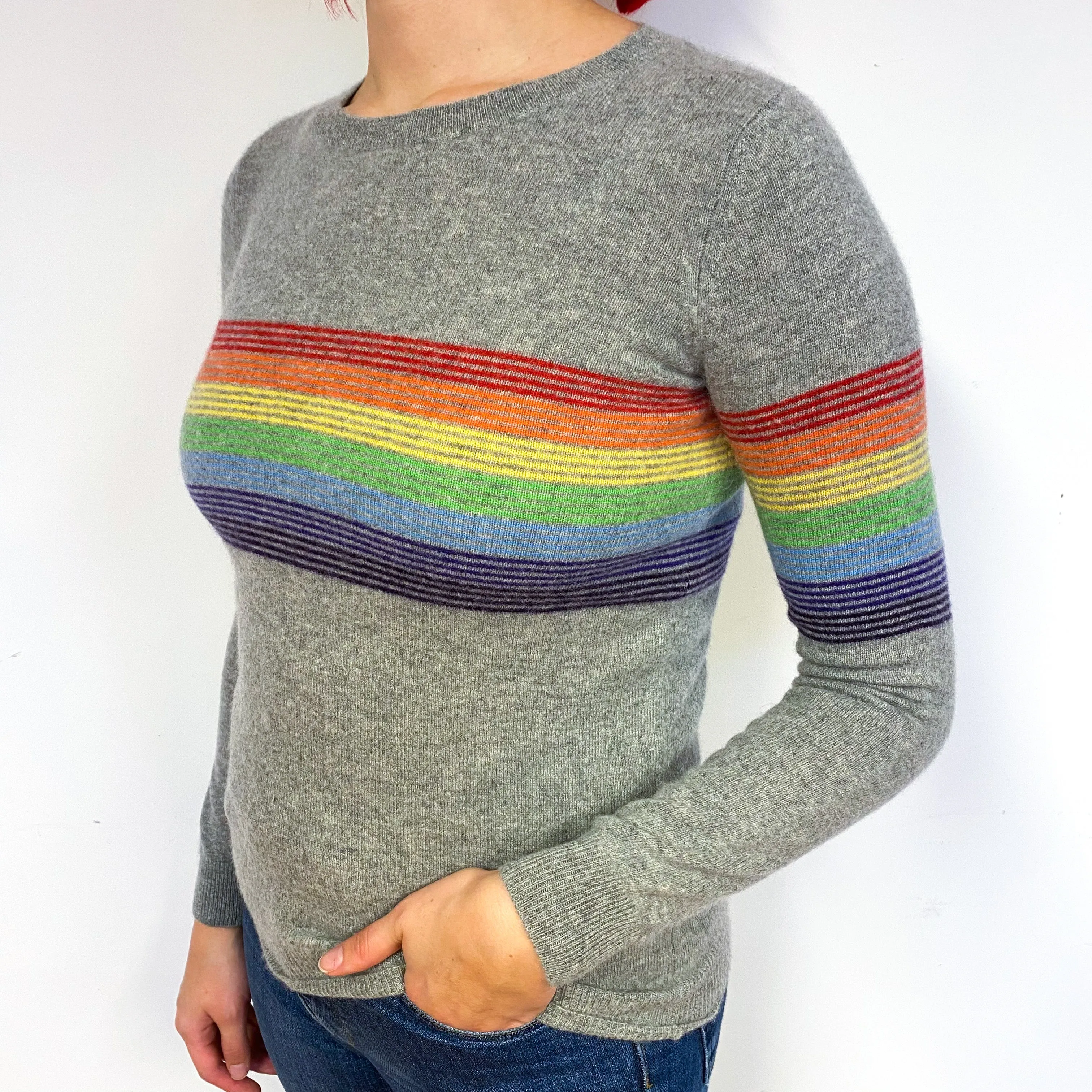 Grey Rainbow Stripe Cashmere Crew Neck Jumper Small