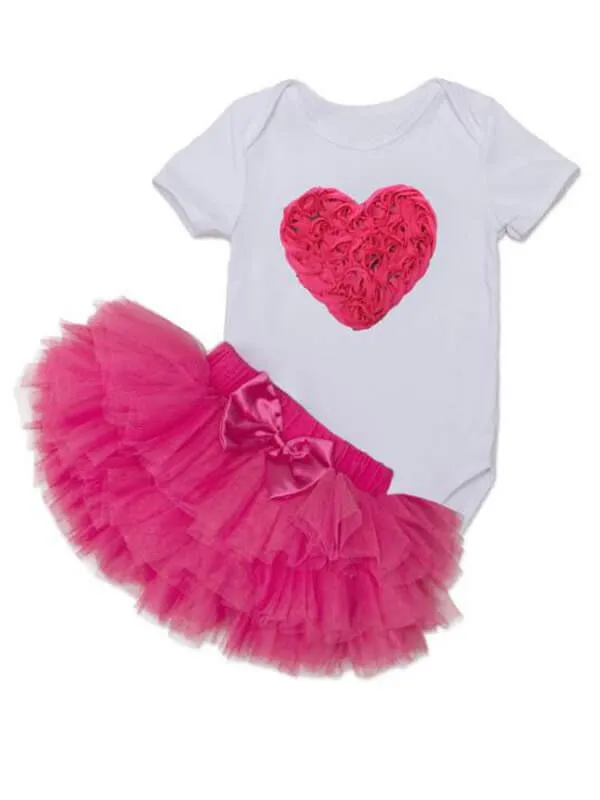 Heart Pattern Romper Princess Tutu Skirt Headband Set for Babies