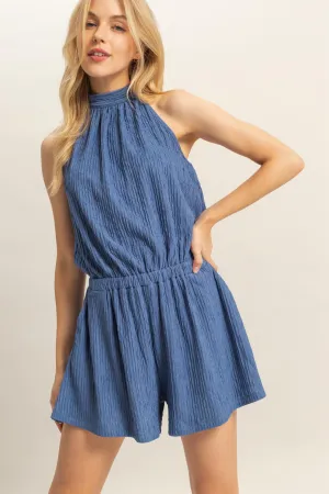 HF25C568-Textured Knit Sleeveless Halter Romper