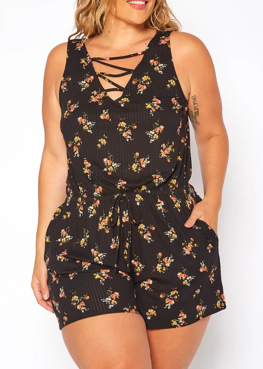 Hi Curvy Plus Size Women  Floral Print Sleeveless Romper With Pockets