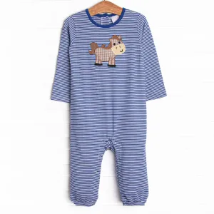 Horsin' Around Applique Romper, Blue Stripe