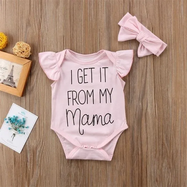 I Get It From My Mama Ruffle Sleeve Jumpsuit Romper Headband Infant Girl