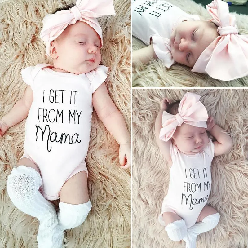 I Get It From My Mama Ruffle Sleeve Jumpsuit Romper Headband Infant Girl