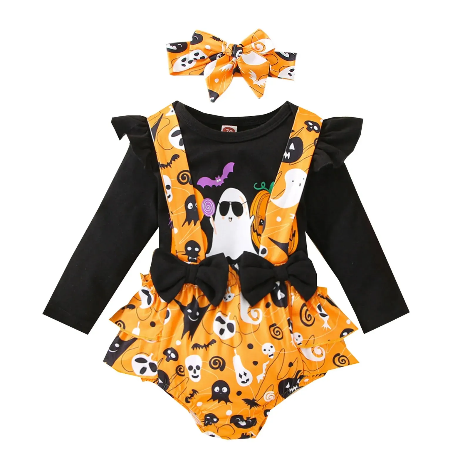 Infant Girls Clothes Sets Pumpkin Print Long Sleeve Tops Suspenders Shorts Headbands My First Halloween Costume 3pcs