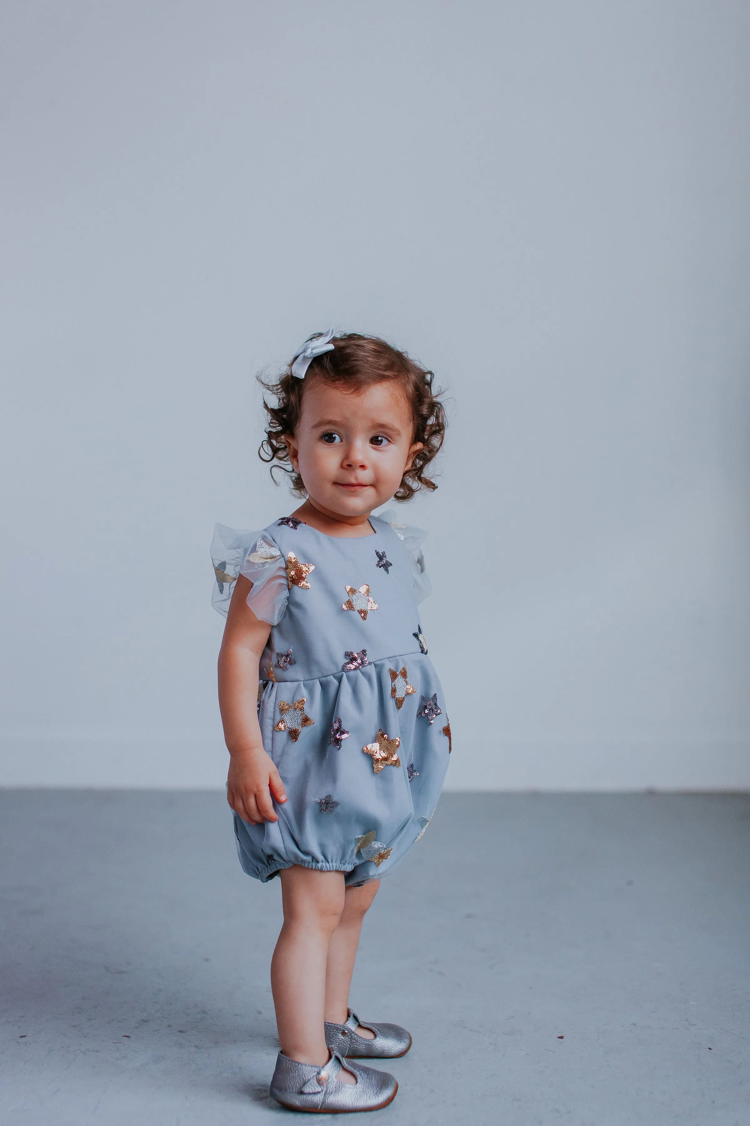 Infant Girl’s Sequin Star Gray Tulle Bubble Romper