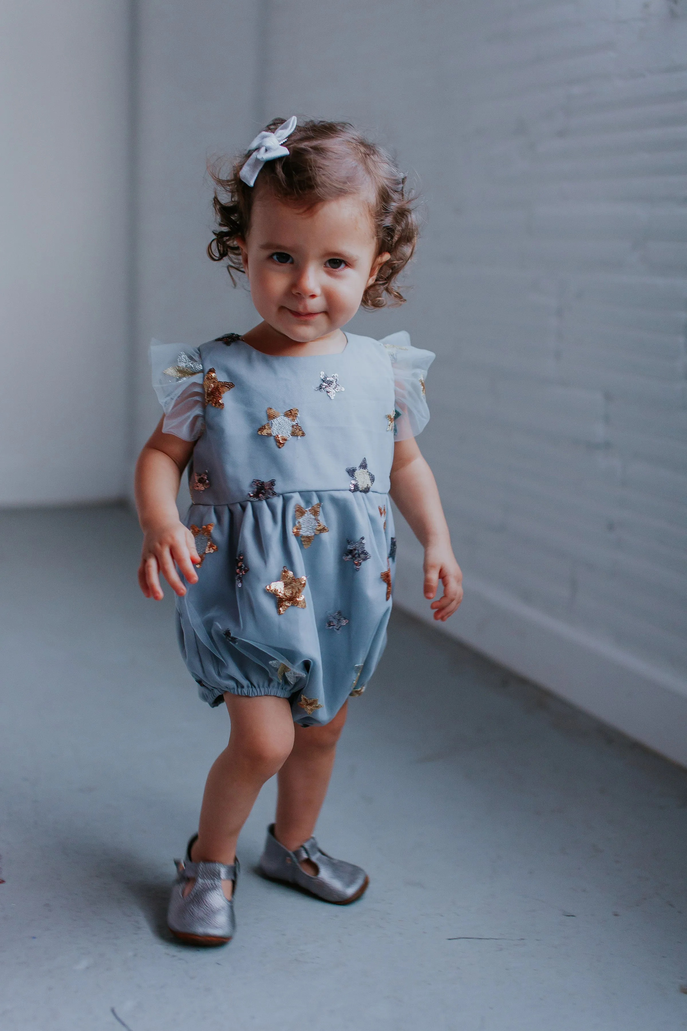 Infant Girl’s Sequin Star Gray Tulle Bubble Romper