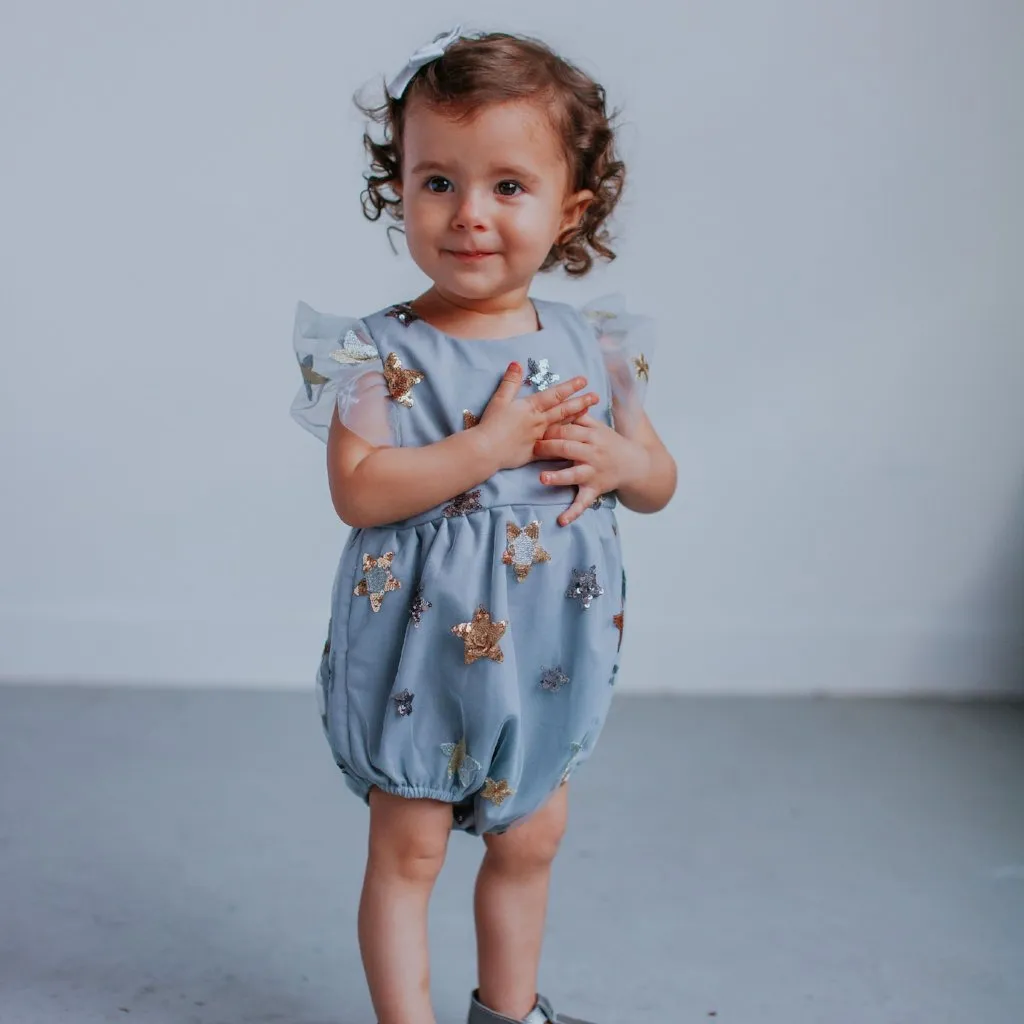 Infant Girl’s Sequin Star Gray Tulle Bubble Romper