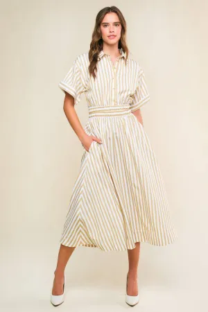 Ivory Striped Woven Midi Dress with Pockets