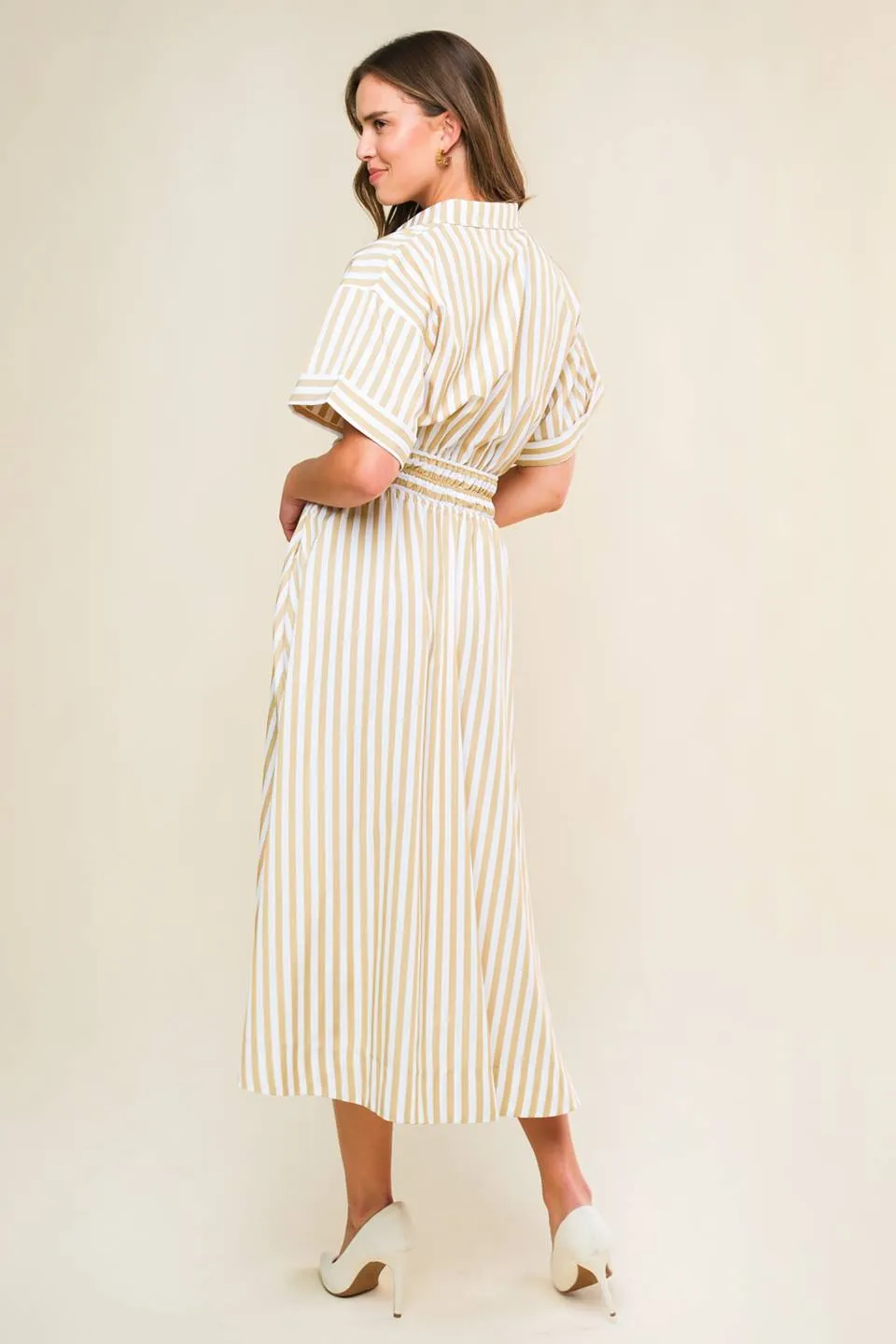 Ivory Striped Woven Midi Dress with Pockets