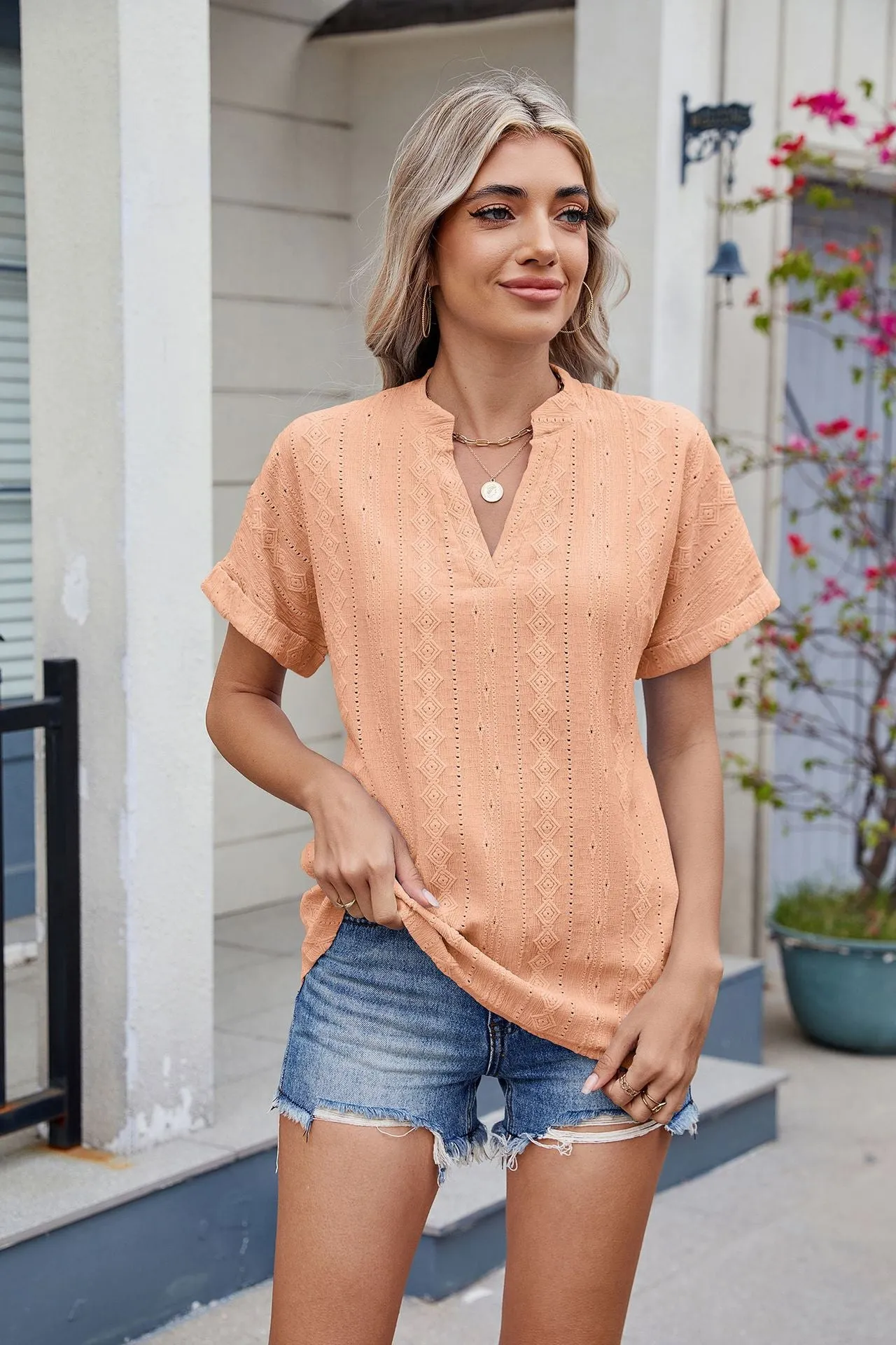 Jacquard V-Neck Short Sleeve Loose T-Shirt