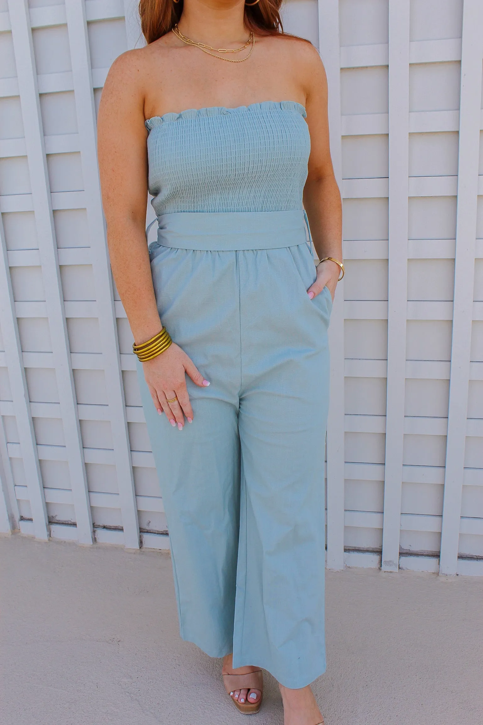 Jade Linen Smocking Ruffle Tube Top Jumpsuit- Powder Blue