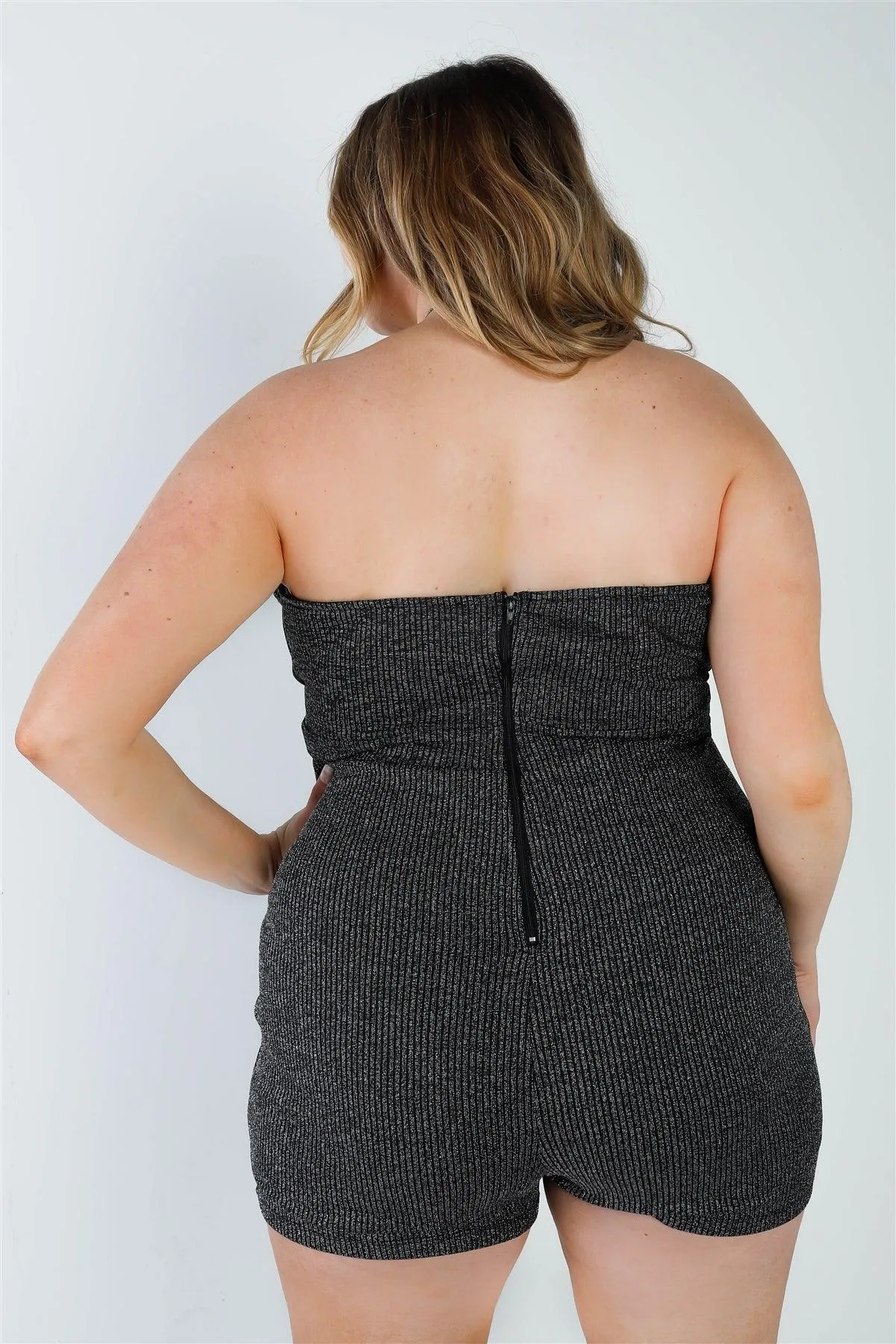 Junior Plus Black & Silver Lurex Ribbed Self-Tie Belted Sleeveless Romper /2-2-2