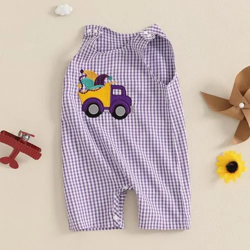 Lamuusaa Newborn Baby Girl Boy Mardi Gras Outfit Sleeveless Plaid Mardi Gras Dog/Truck Embroidery Romper Jumpsuit 0-18M (Purple, 3-6 Months)