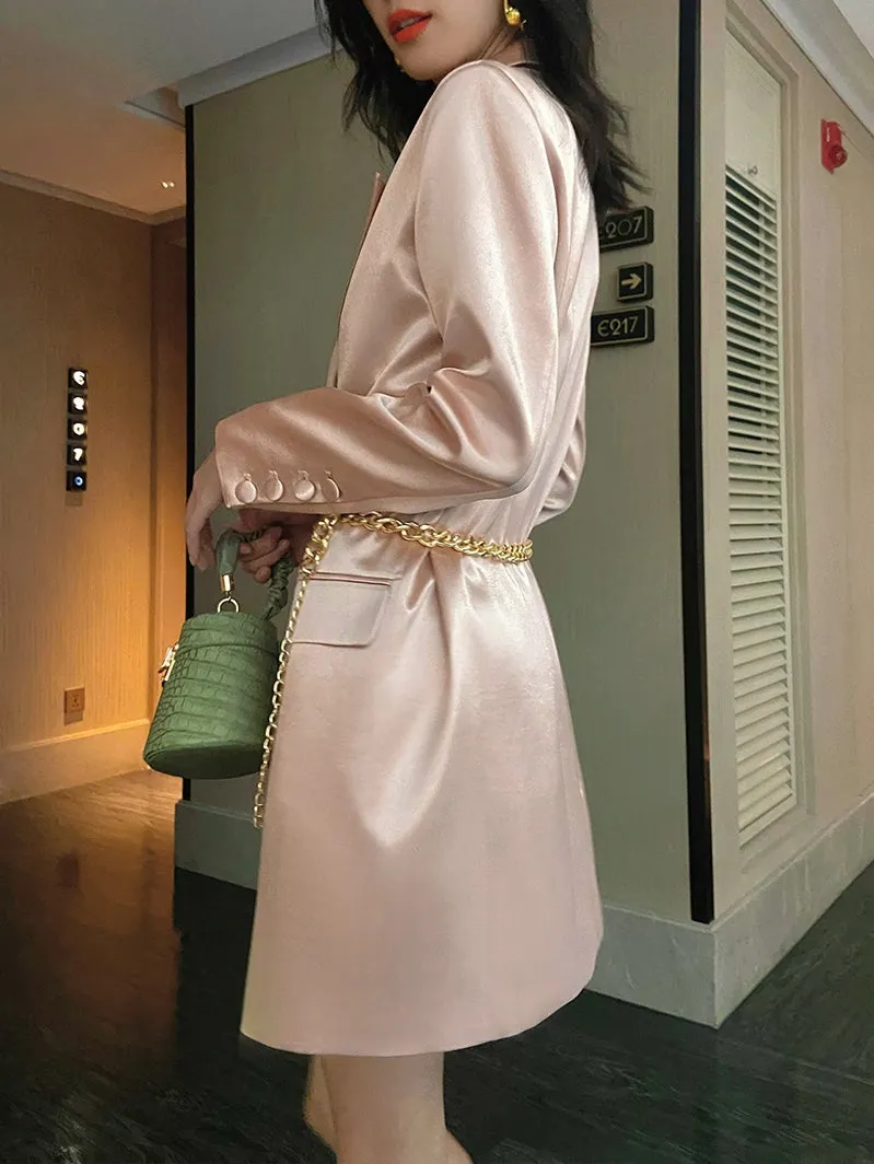 lapel spring pink high-end satin double-breasted suit blazer dress - Jaui