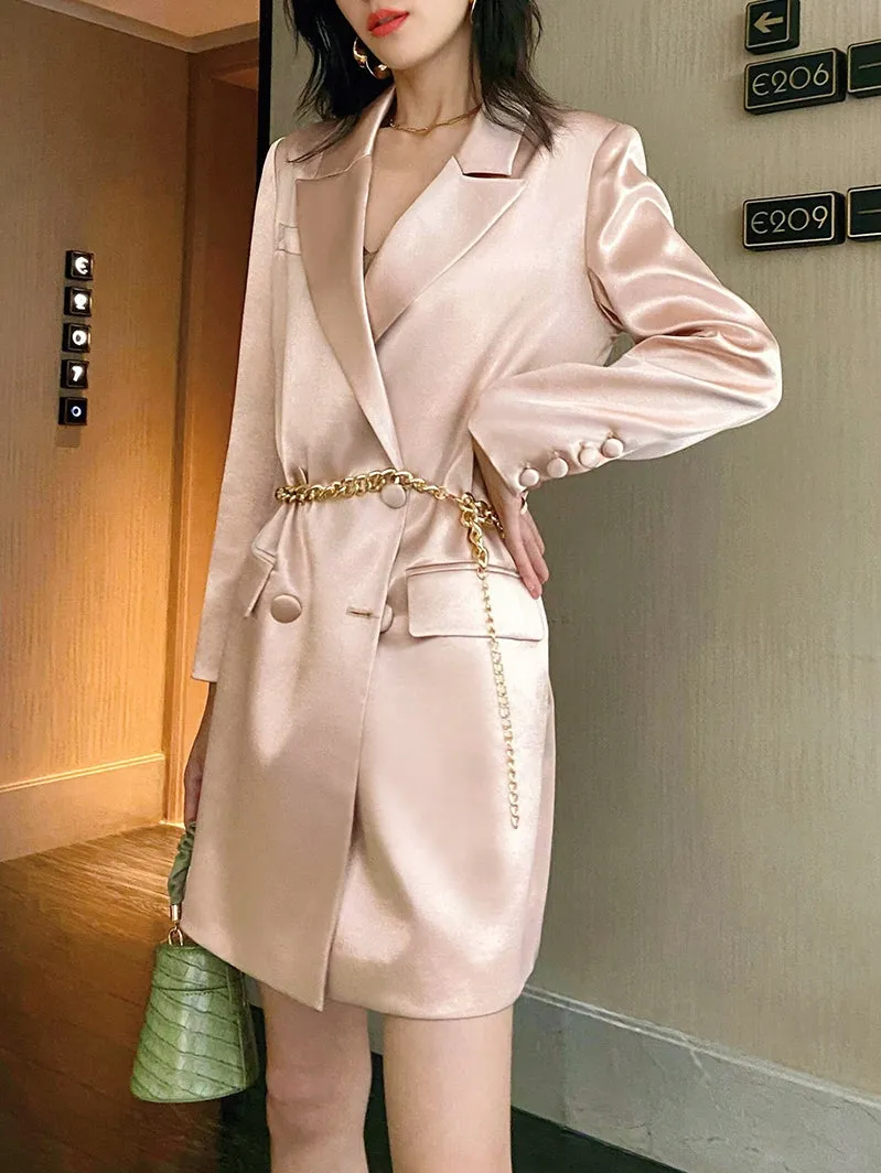 lapel spring pink high-end satin double-breasted suit blazer dress - Jaui